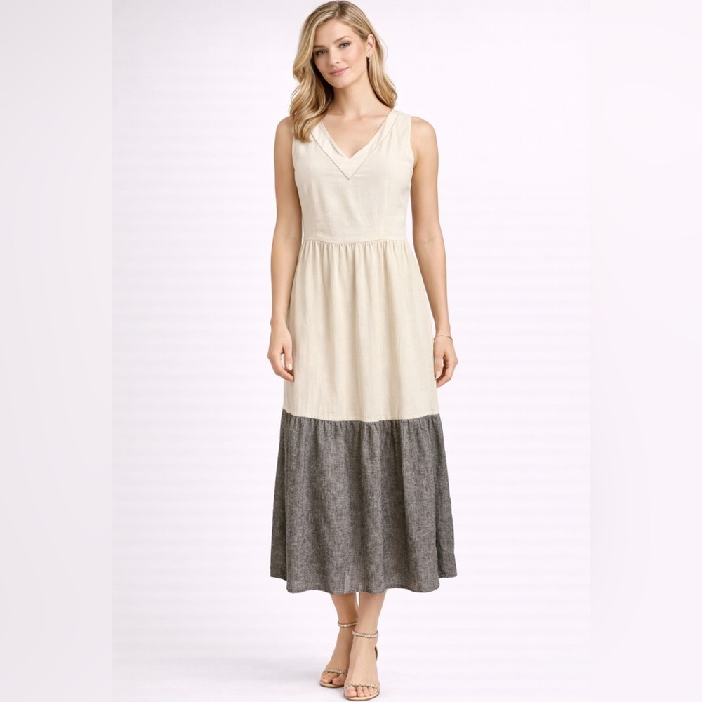 JOIE Maxi Dress XS Extra Small Linen Gray White Pockets Beads Washable Flowy